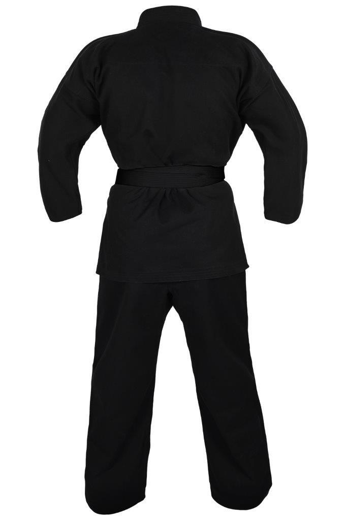 Yamasaki Gold black canvas karate gi worn, side view