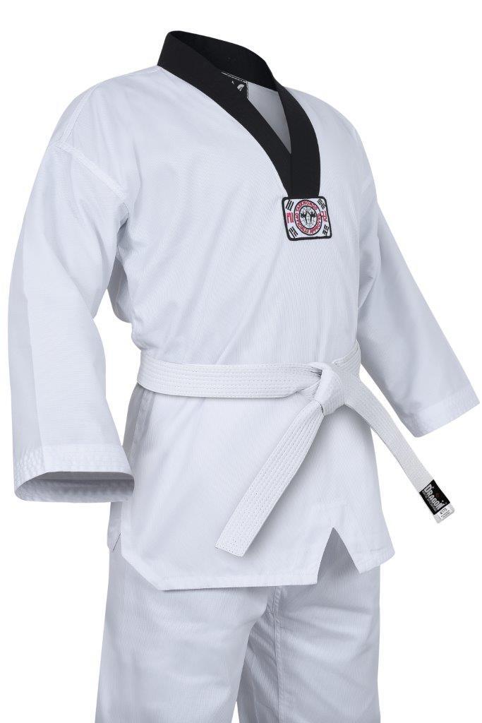Yamasaki ribbed taekwondo uniform worn, side view