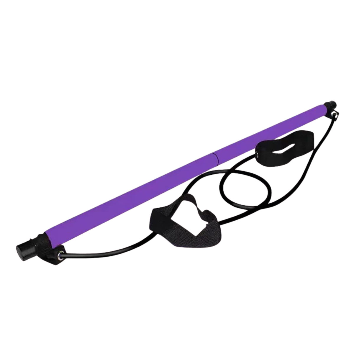 Bright purple portable Pilates studio kit with resistance ropes, foam grips and removable exercise bars.
