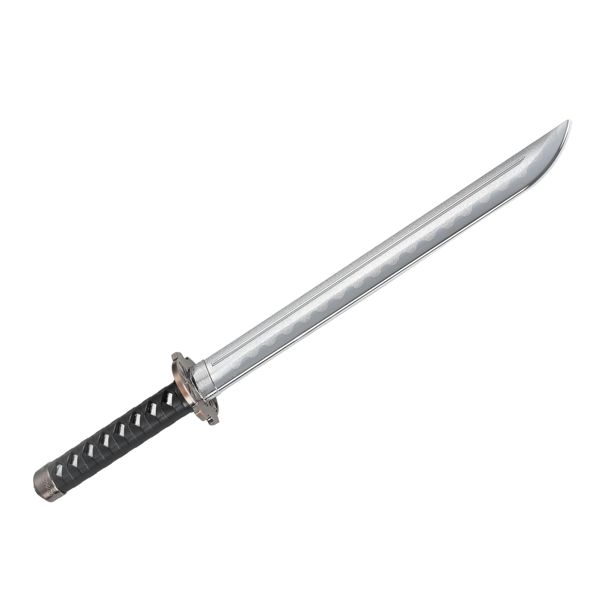ABS wakizashi training sword with plated blade and black wrapped handle for martial arts forms and controlled practice.
