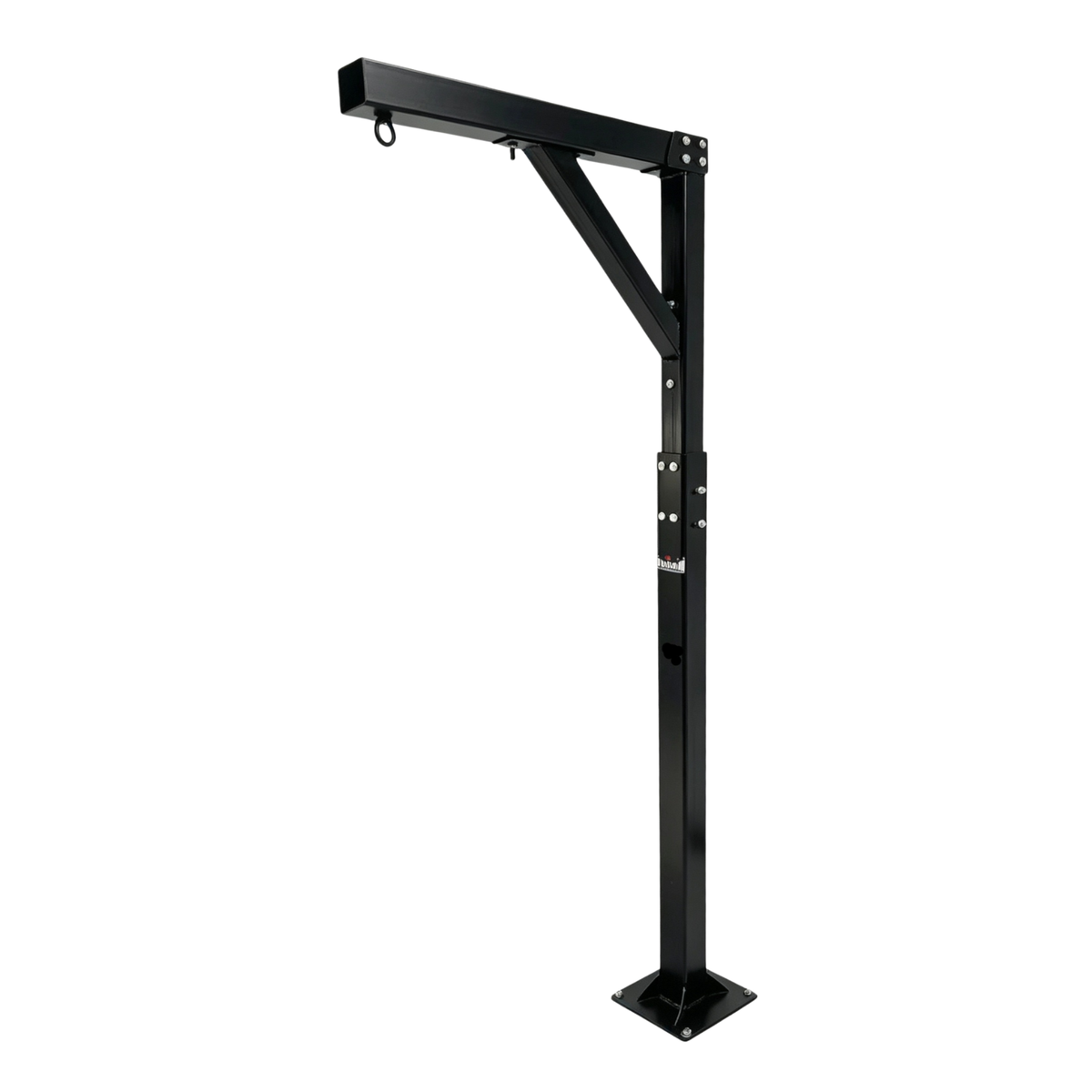 Black adjustable floor-mounted heavy bag stand with extended boom arm for boxing and combat sports training.