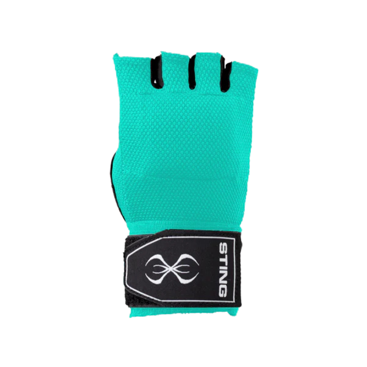 Teal hand wrap with black wrist wrap and Sting logo on a white background