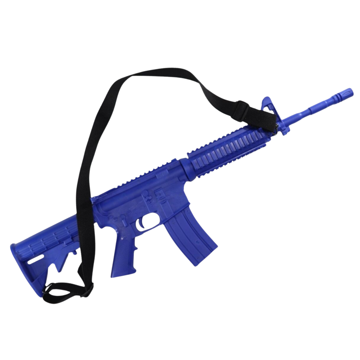Matte blue TPR M4 closed stock non-functional training rifle for controlled simulation and handling drills.