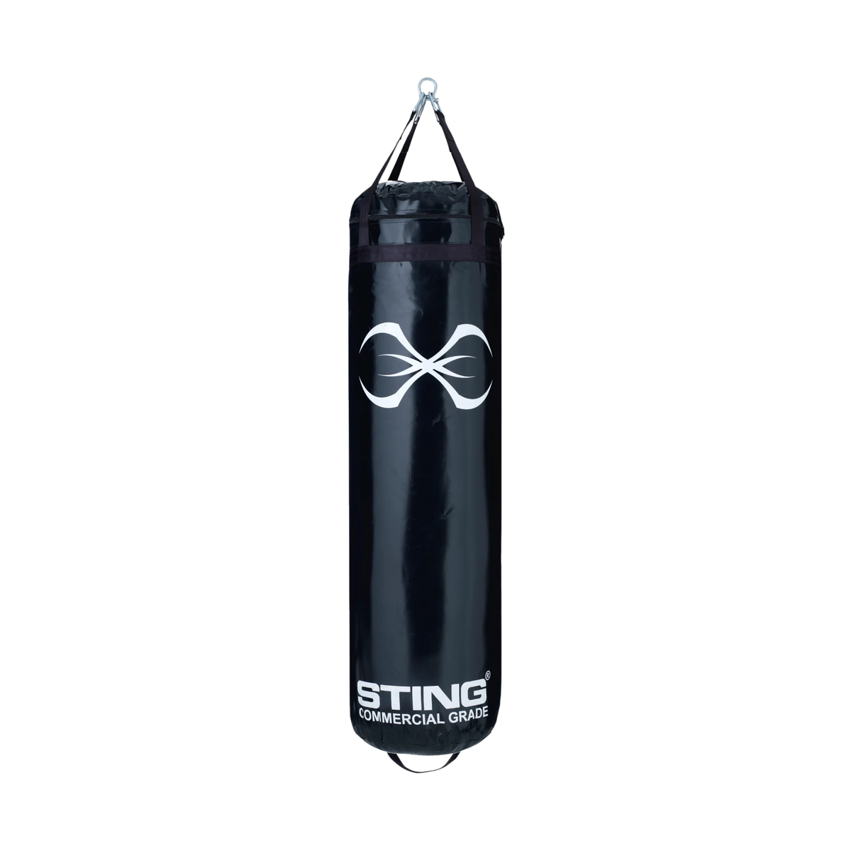 Black cylindrical punching bag with hanging chains and Sting logo. 4ft