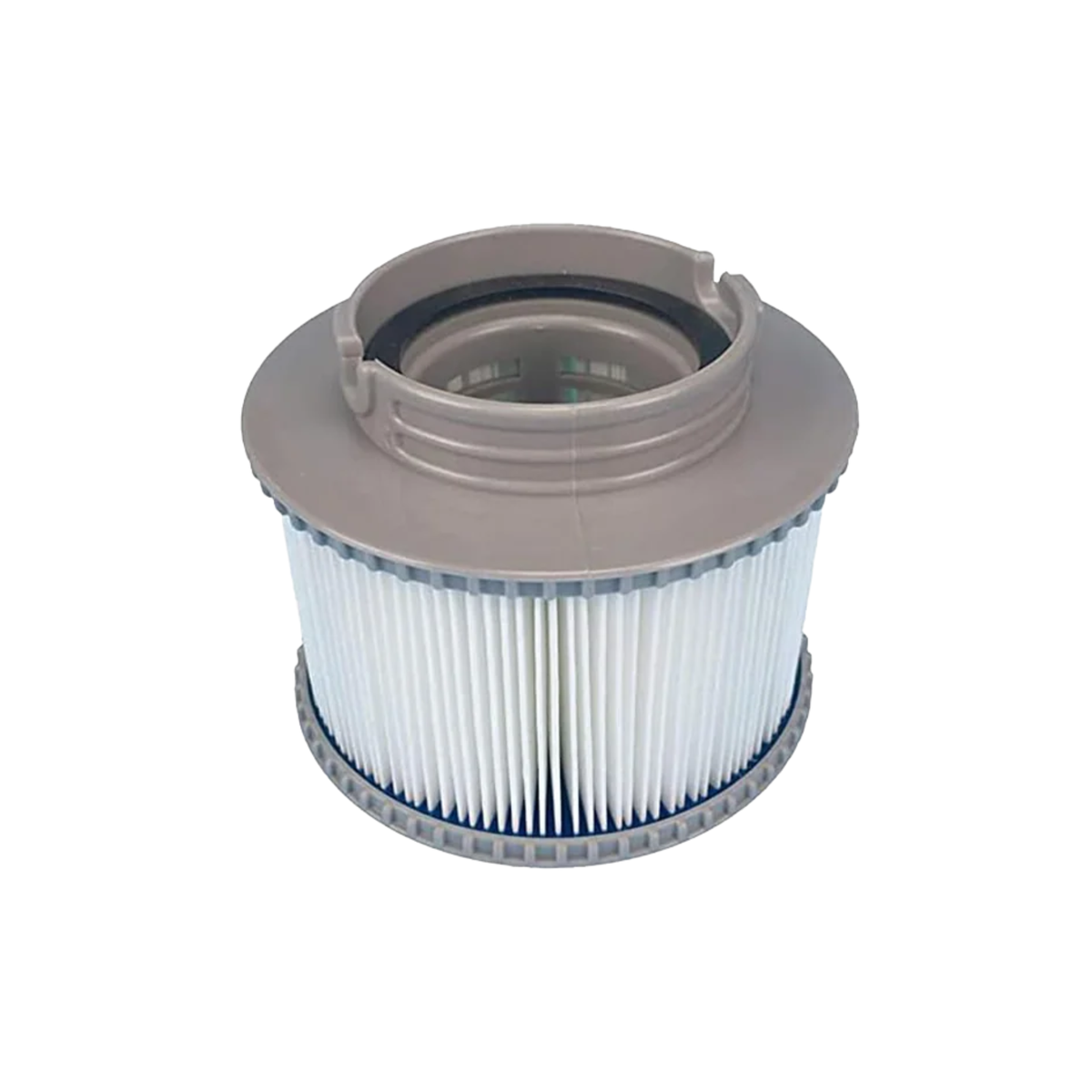 White cylindrical spa filter cartridge with pleated paper and gray end caps.