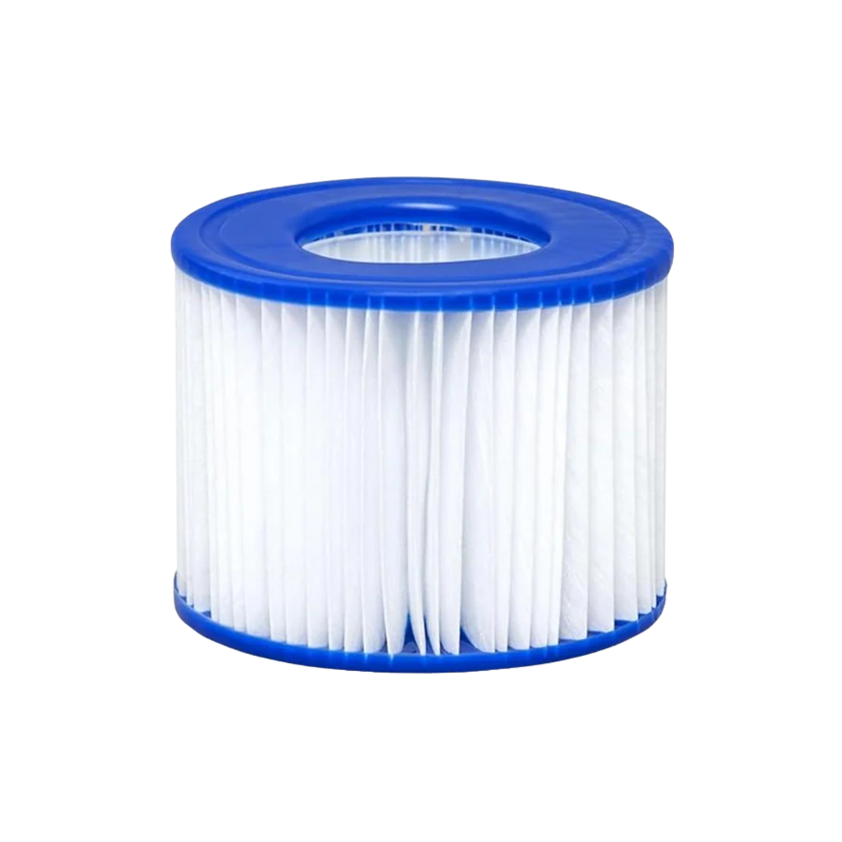 White pleated spa filter cartridge with blue end caps.