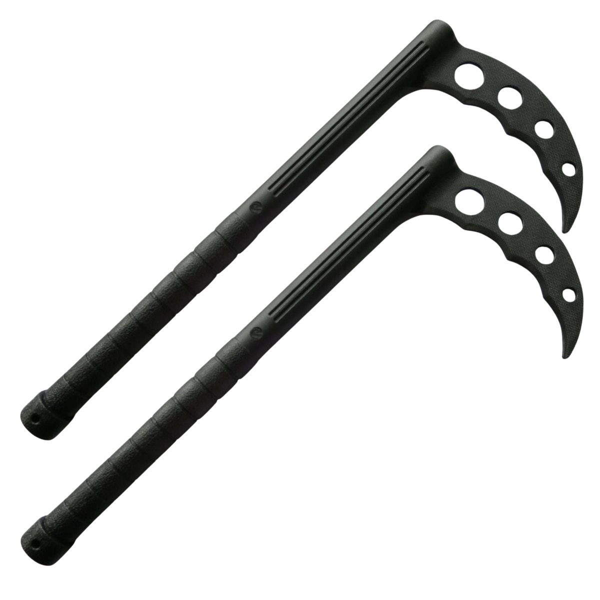 Pair of black polypropylene training kama for Okinawan kobudō, kata practice and martial arts demonstrations.