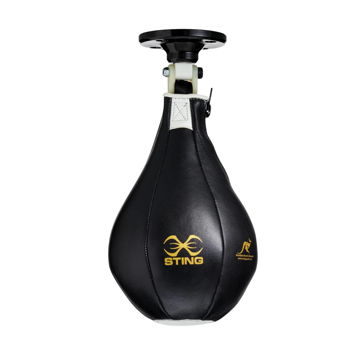 Black leather 10-inch speedbag with hanging straps and mounting hardware.