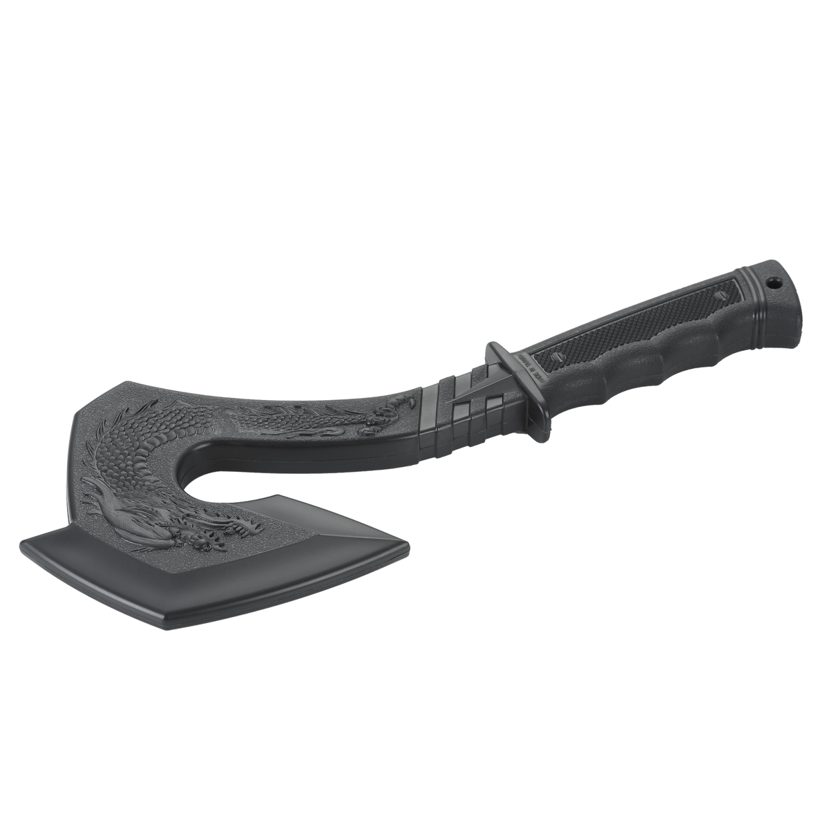 Black polypropylene dragon axe training weapon with textured handle for martial arts forms and controlled practice.