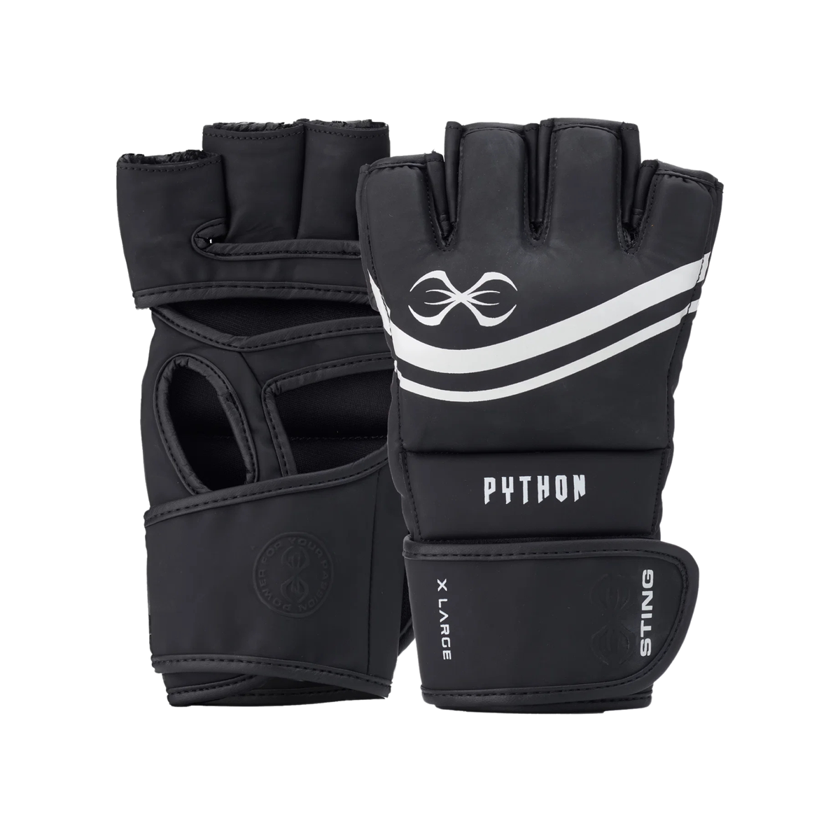 Black MMA 4oz fight gloves with open fingers, wrist strap and Python logo.