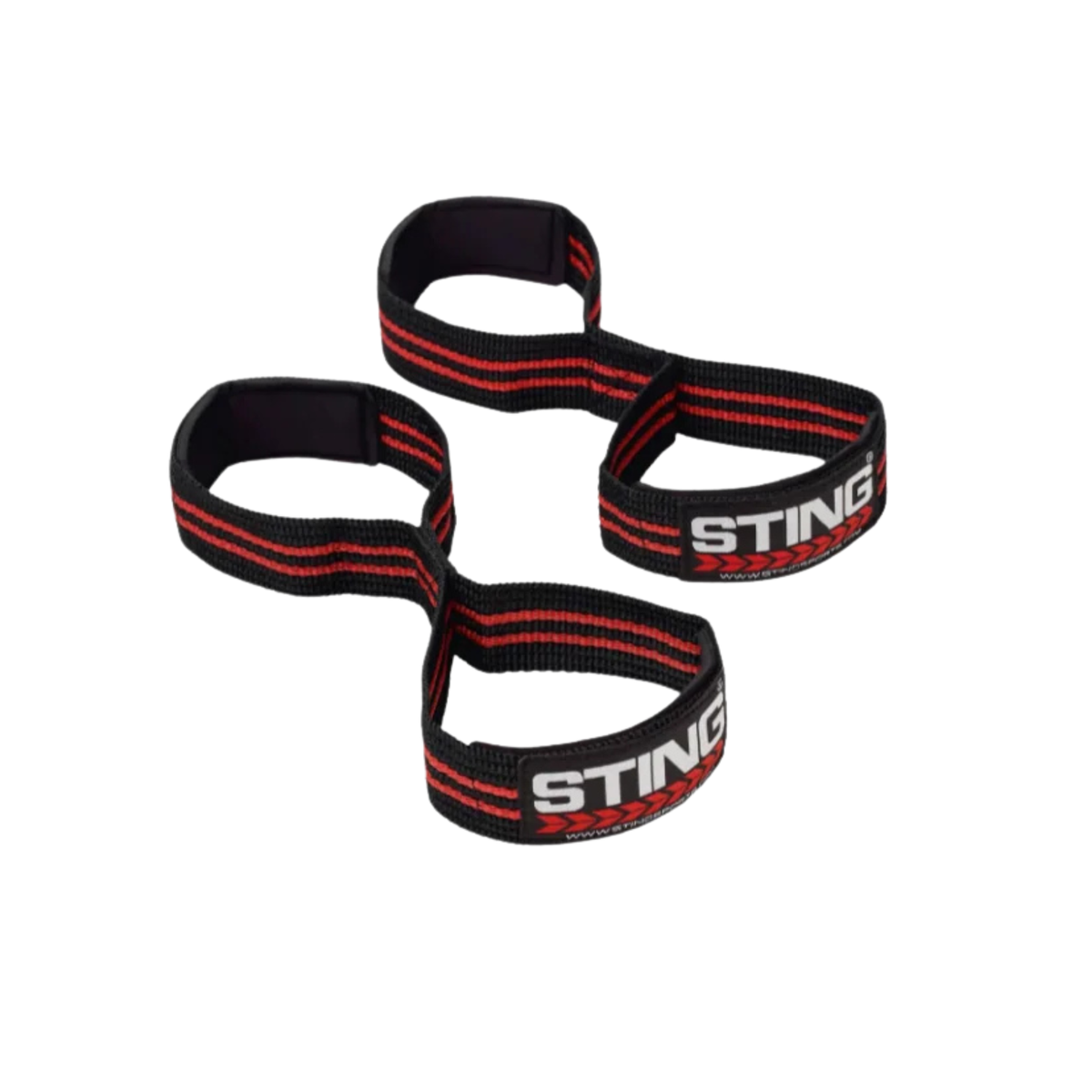 A pair of black STING brand wrist wraps with red stripes and white brand lettering, displayed on a clean white background.