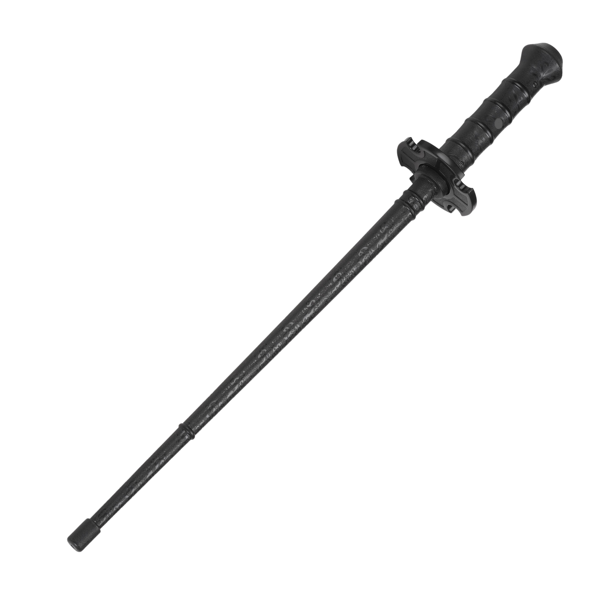 Black short polypropylene training stick with guard and end ring for martial arts forms and close-range weapons drills.