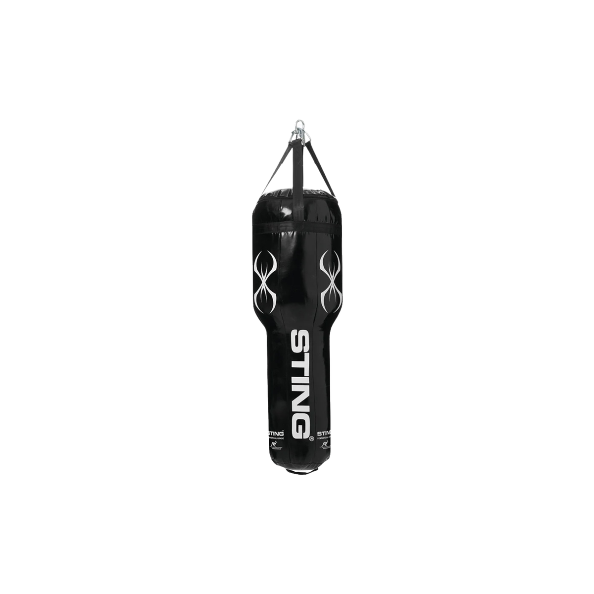 Black tapered punching bag with hanging chains and Sting logo.