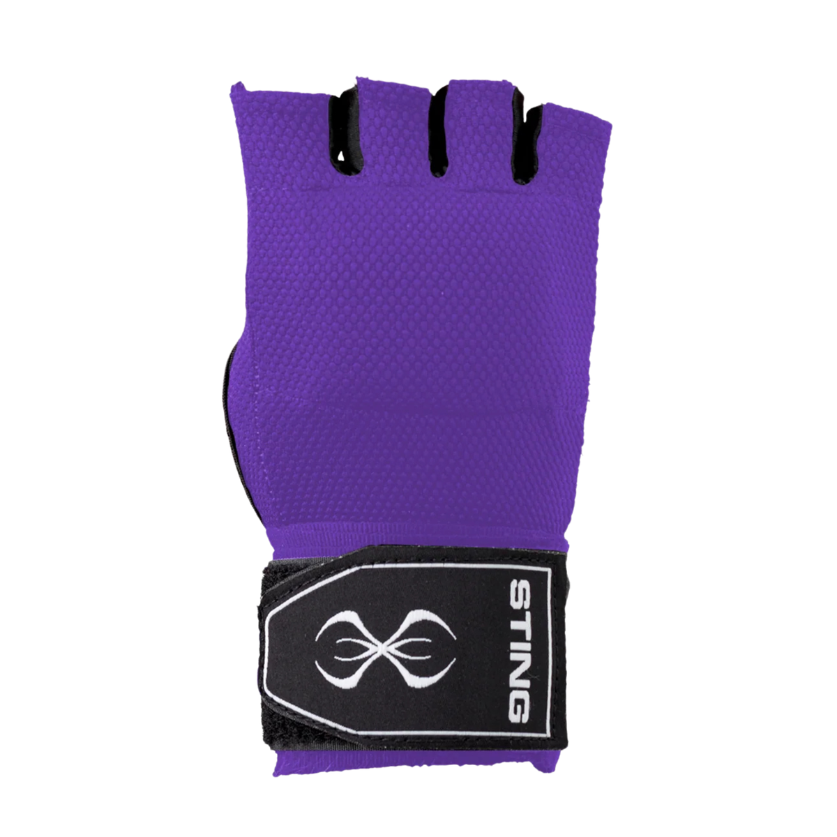 Sting Elasticised Quick Wraps 2.0 in Purple - pair of slip-on padded hand wraps, back of hand view