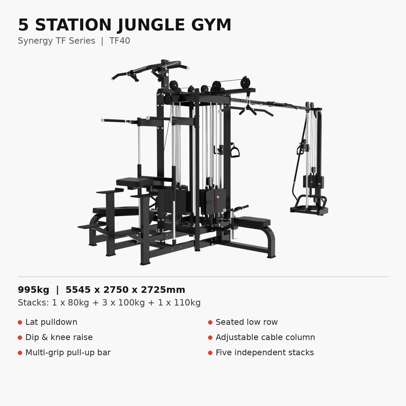 Synergy TF Series 5 station jungle gym TF40 - multi-station cable tower with lat pulldown, low row bench and dip knee raise station, joined by a pull-up beam to an adjustable cable column