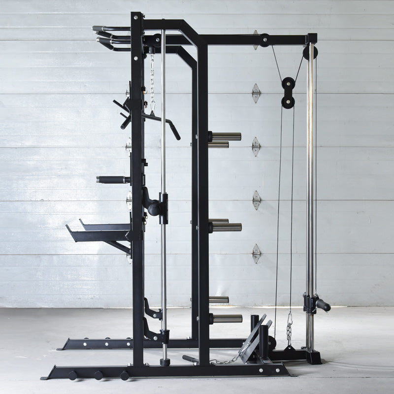 3-in-1 Functional Smith Machine with Spotter Arms and Plate Storage. Side View