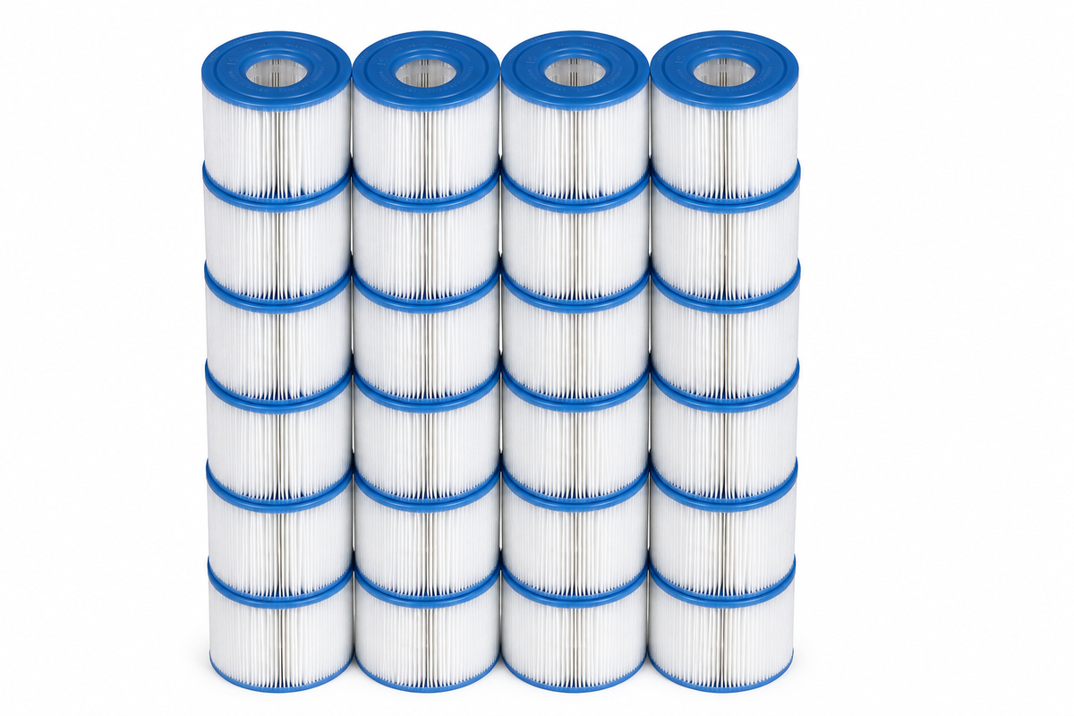 24pcs White pleated spa filter cartridge with blue end caps.