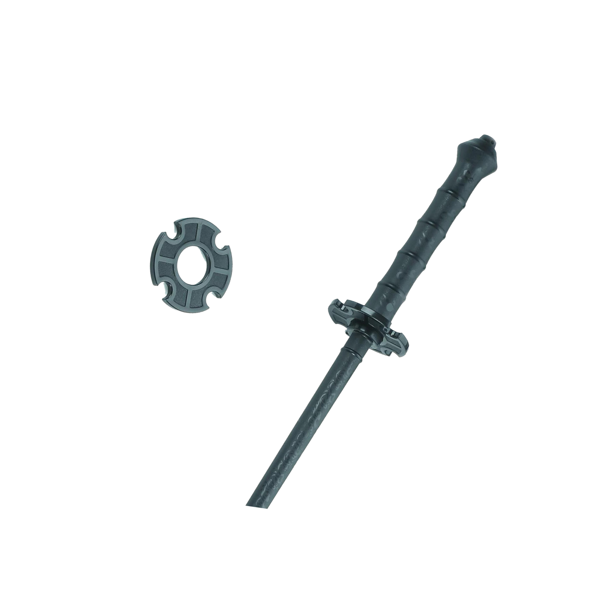 Black polypropylene training stick with guard and end ring for martial arts forms and controlled weapons practice.