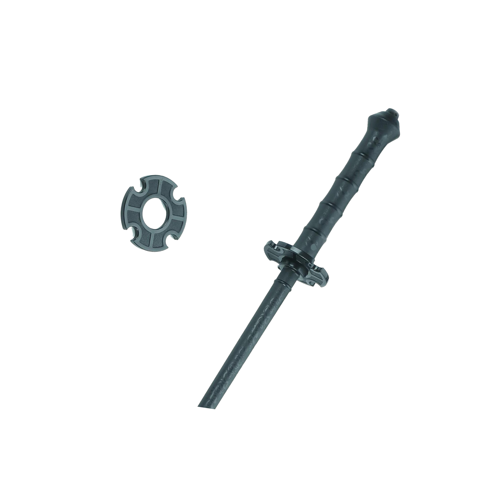 Black polypropylene training stick with guard and end ring for martial arts forms and controlled weapons practice.