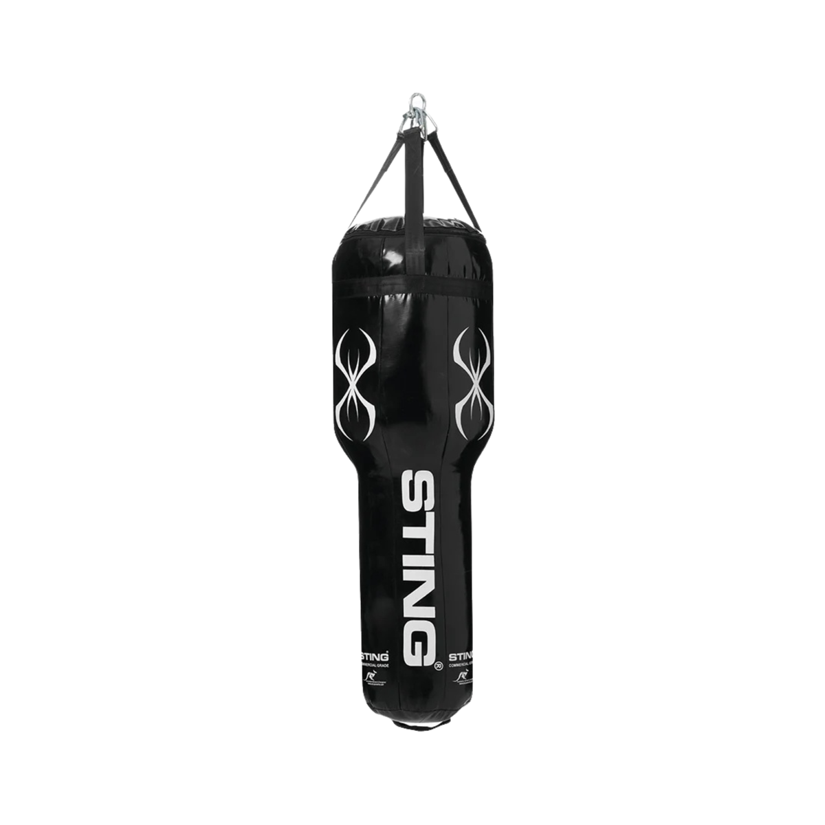 Black tapered punching bag with hanging chains and Sting logo.