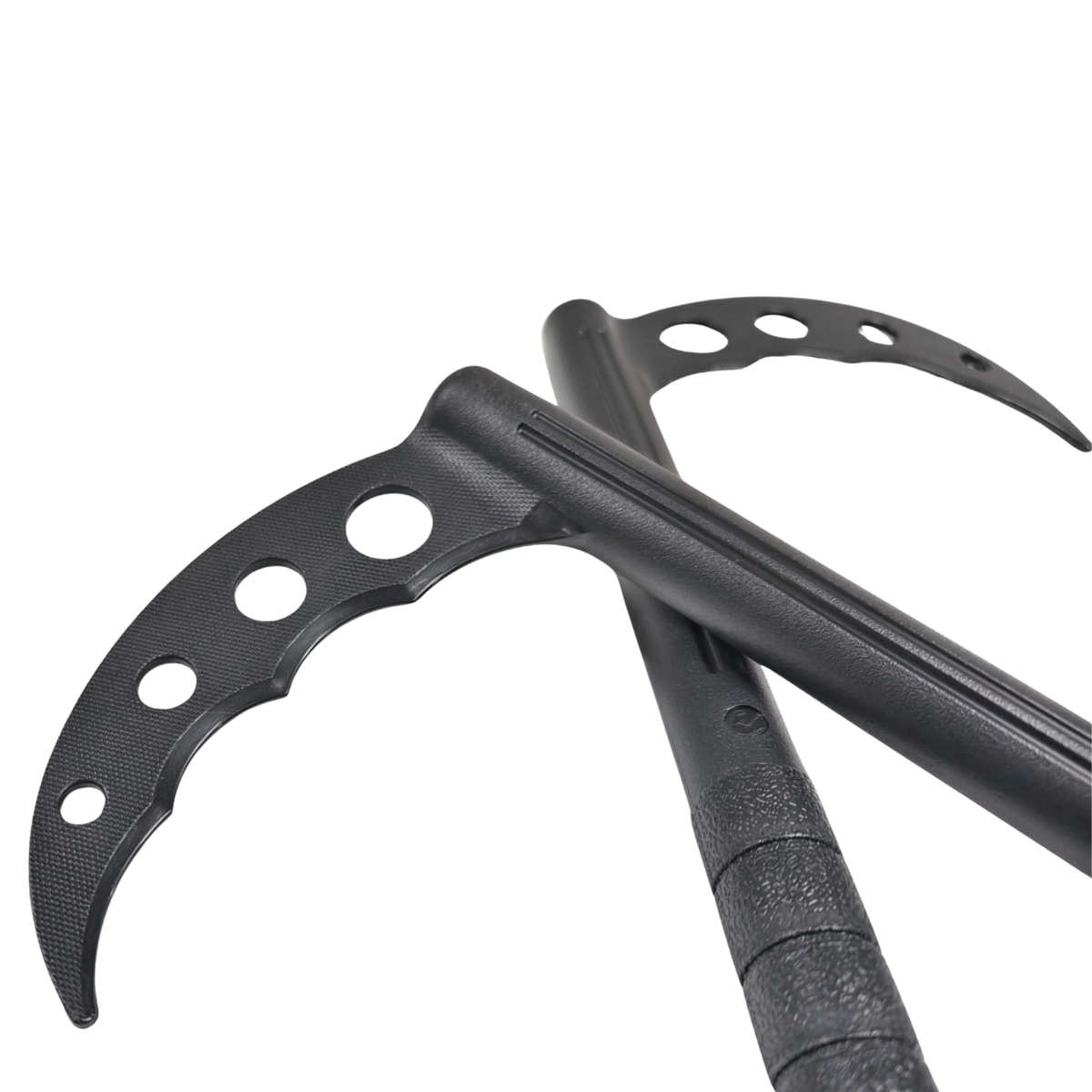 Pair of black polypropylene training kama for Okinawan kobudō, kata practice and martial arts demonstrations.