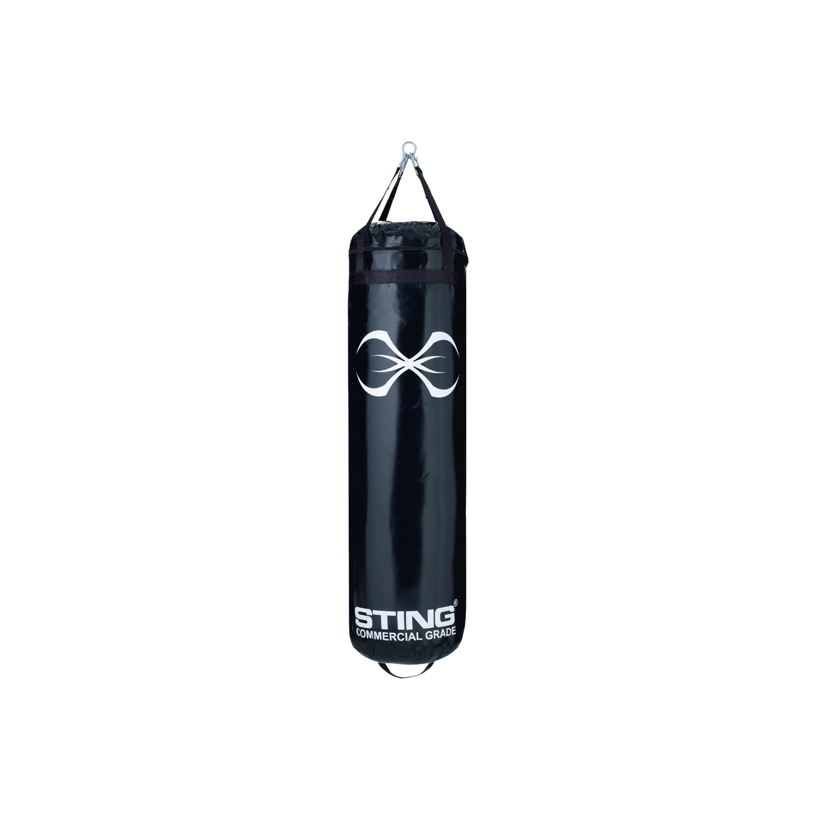 Black cylindrical punching bag with hanging chains and Sting logo. 4ft