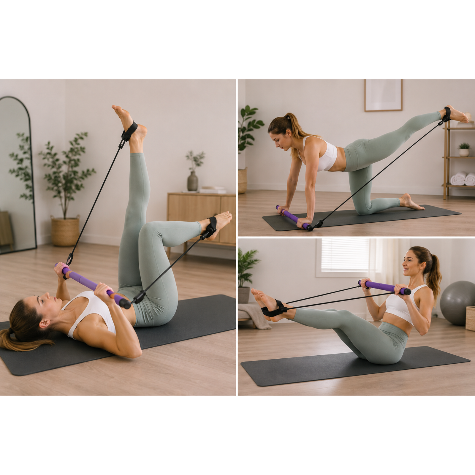 Bright purple portable Pilates studio kit with resistance ropes, foam grips and removable exercise bars.