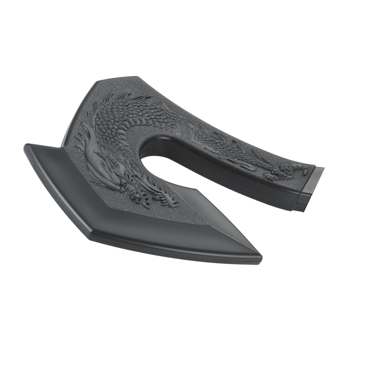 Black polypropylene dragon axe training weapon with textured handle for martial arts forms and controlled practice.