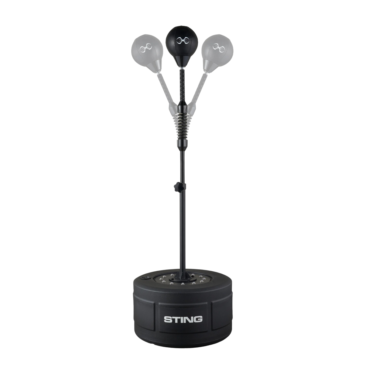 Black freestanding speedball with adjustable steel frame and round weighted base.