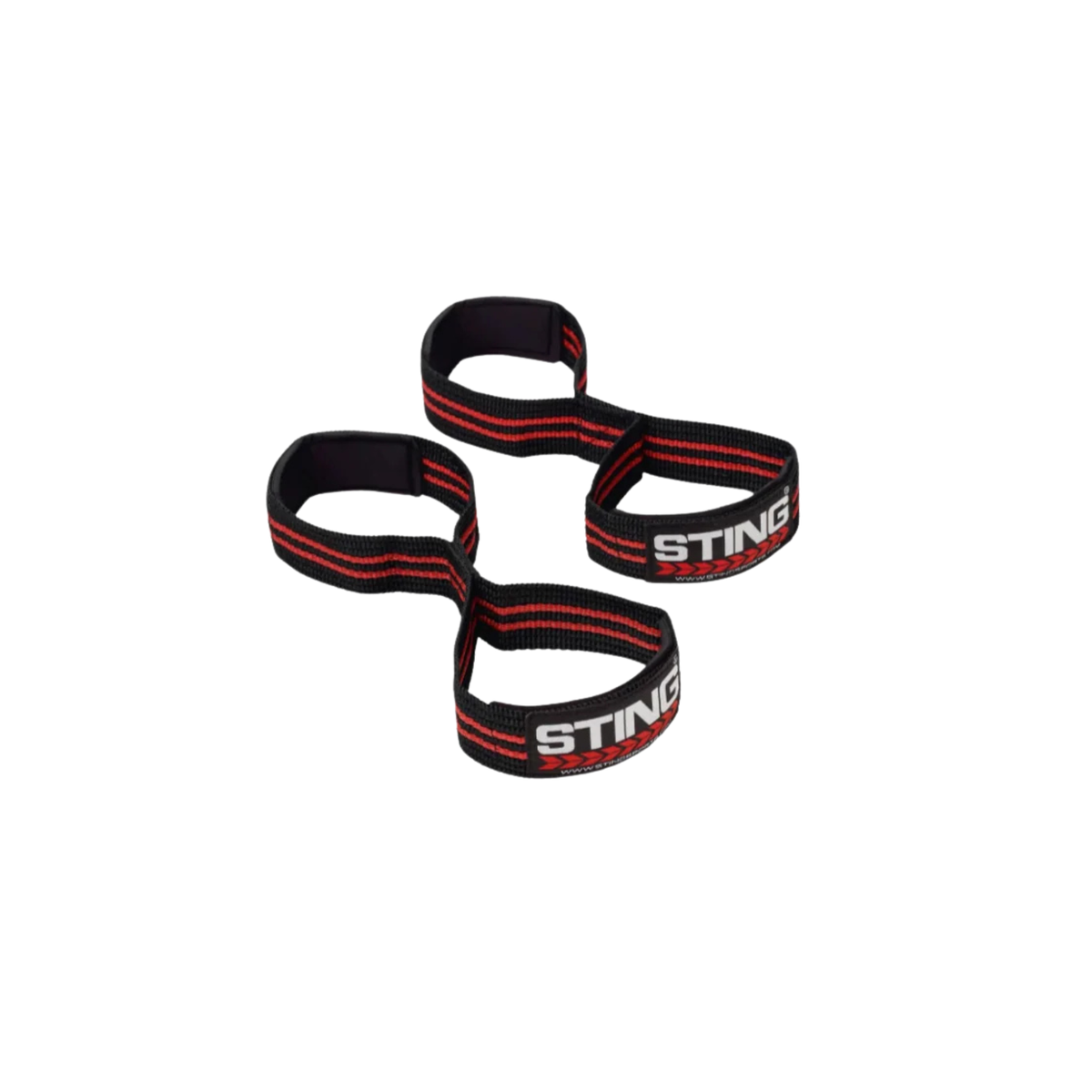A pair of black and red striped wrist wraps with white STING brand lettering, displayed on a solid white background.