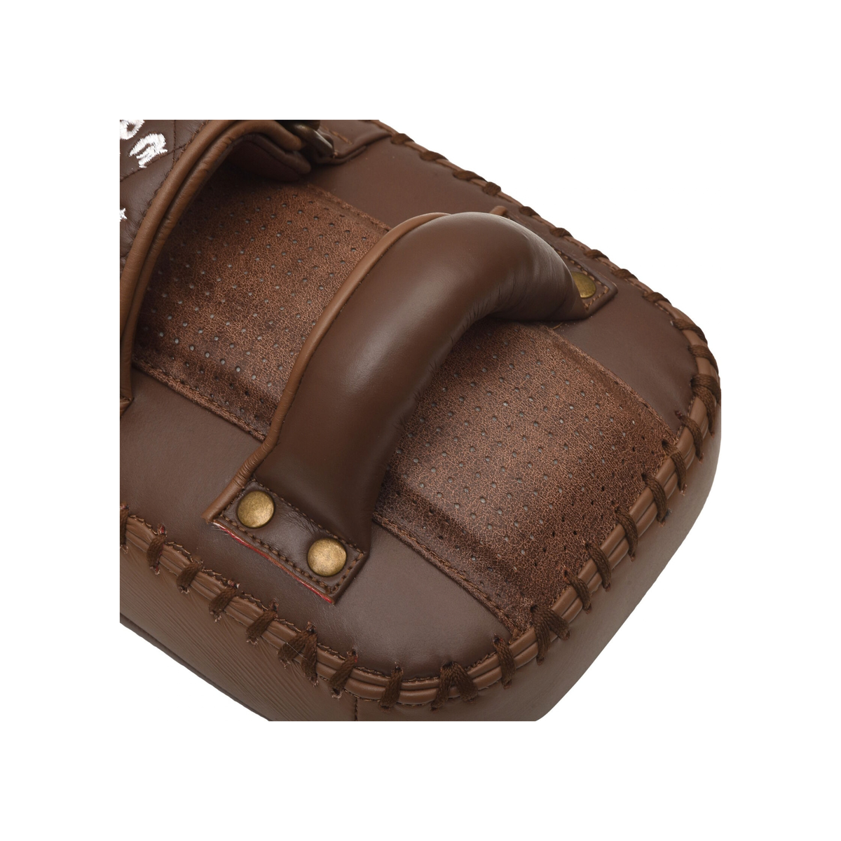 Front strike face of Morgan 1918 Heritage curved Thai pad with quilted leather