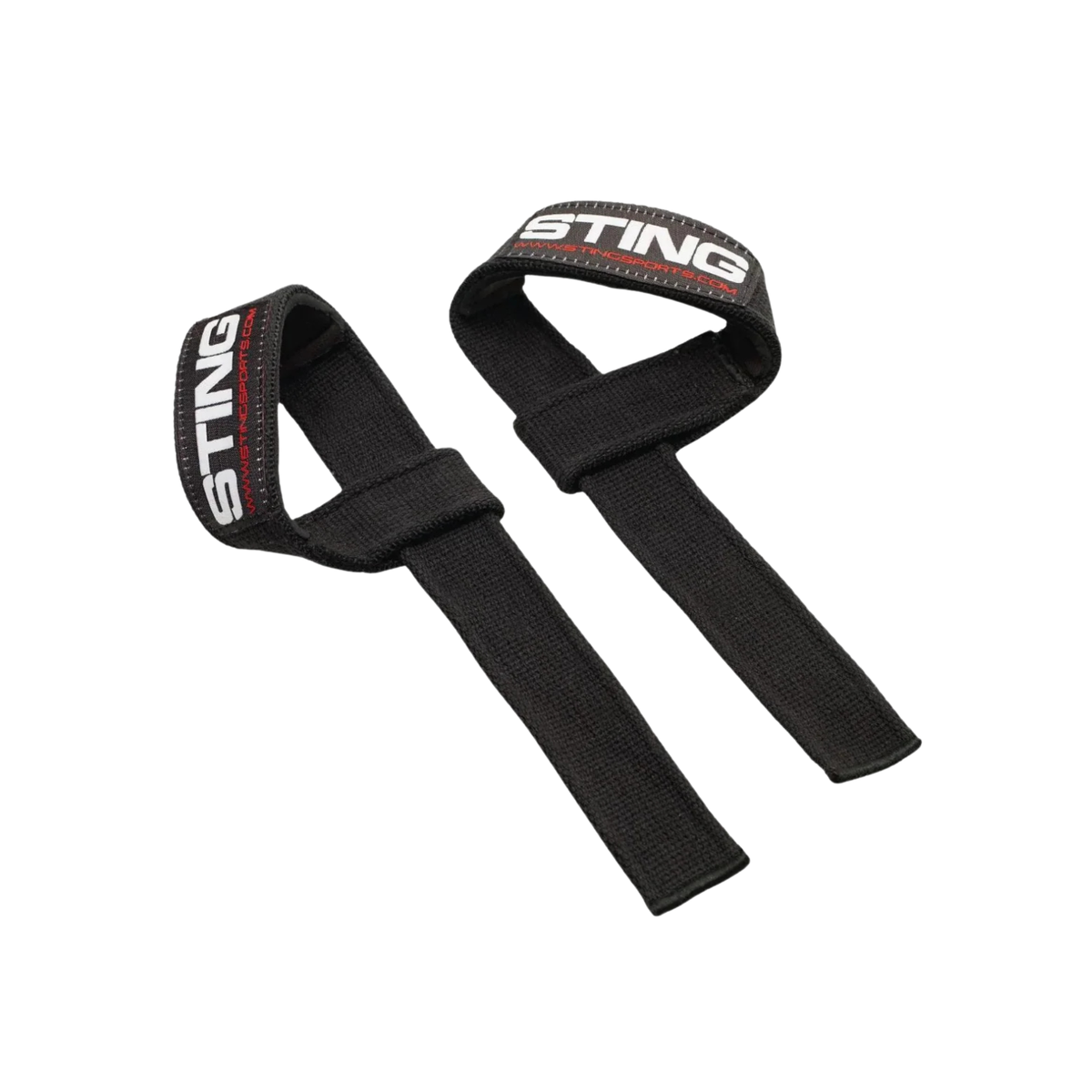 Two black STING wrist wraps with white and red branding, displayed on a clean white background.