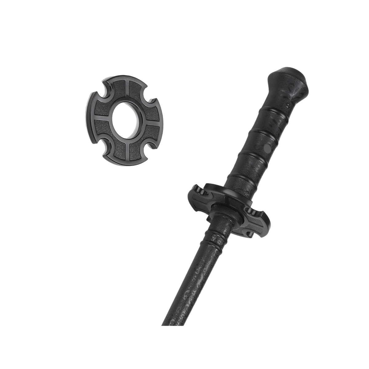 Black short polypropylene training stick with guard and end ring for martial arts forms and close-range weapons drills.