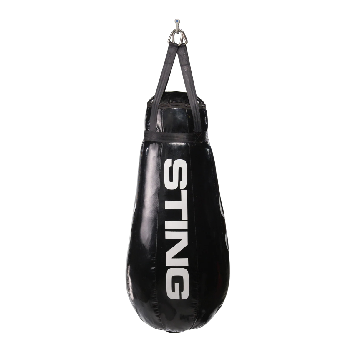 Black tear drop punching bag with hanging chains and Sting logo.
