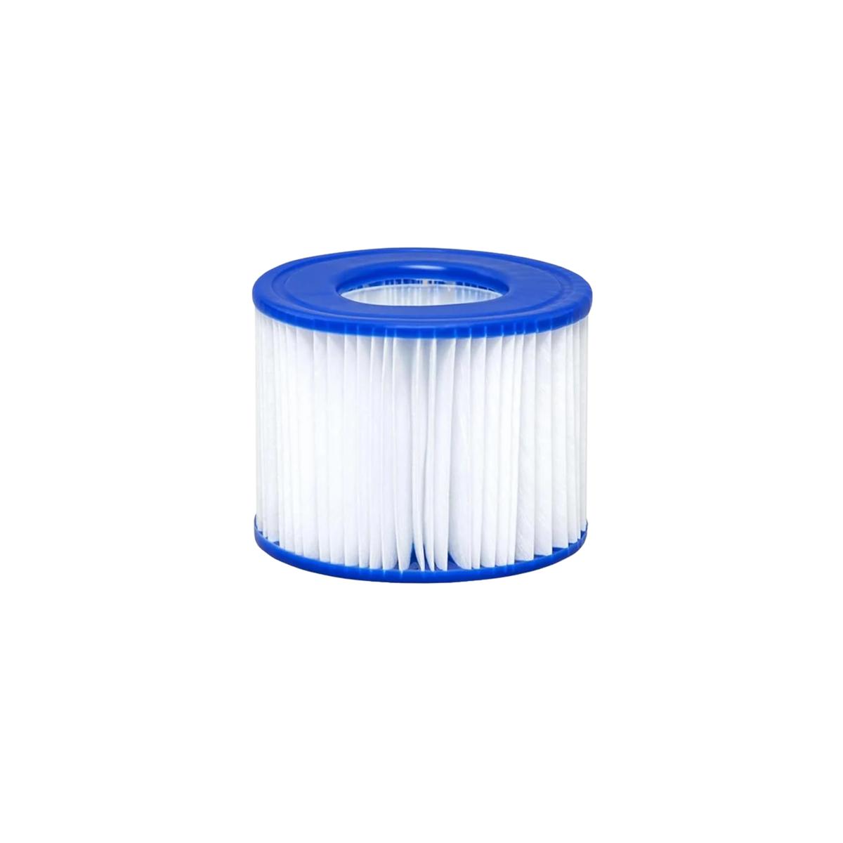 White pleated spa filter cartridge with blue end caps.