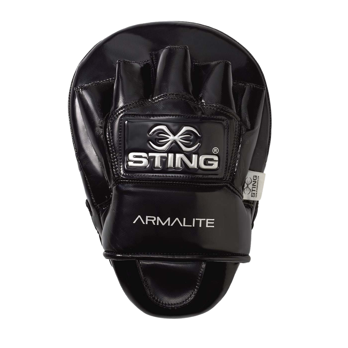 Black and silver focus mitts with curved striking surface and padded hand compartment.