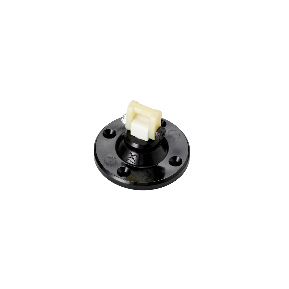 A small black circular plastic component with a central socket and a small off-white plastic tab, photographed on a plain white background.