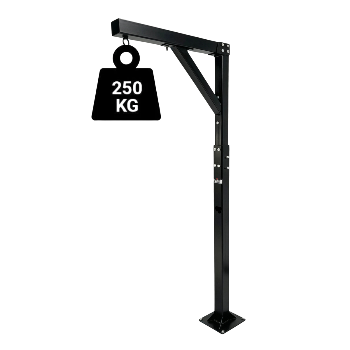 Black adjustable floor-mounted heavy bag stand with extended boom arm for boxing and combat sports training.