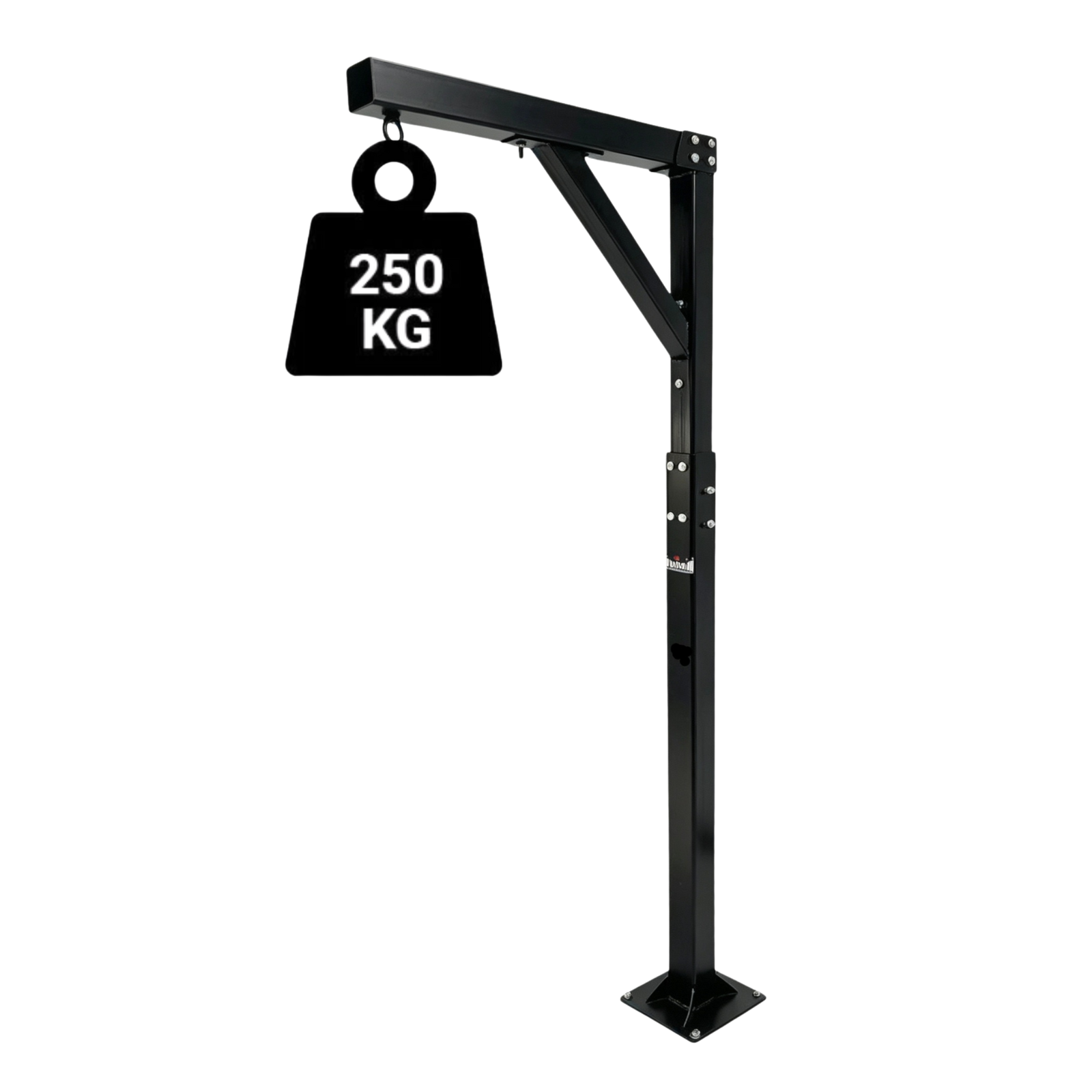 Black adjustable floor-mounted heavy bag stand with extended boom arm for boxing and combat sports training.