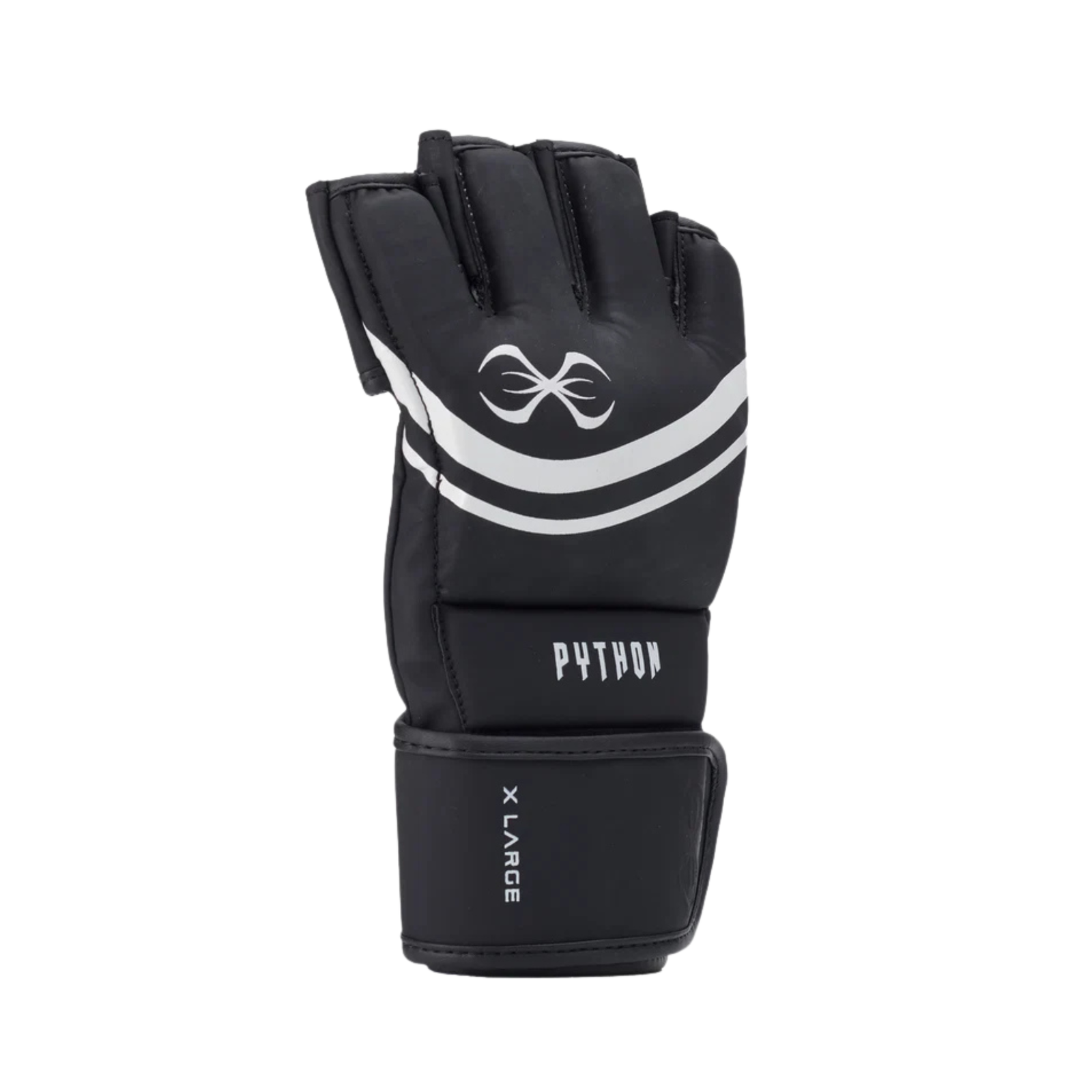 Black MMA 4oz fight gloves with open fingers, wrist strap and Python logo.