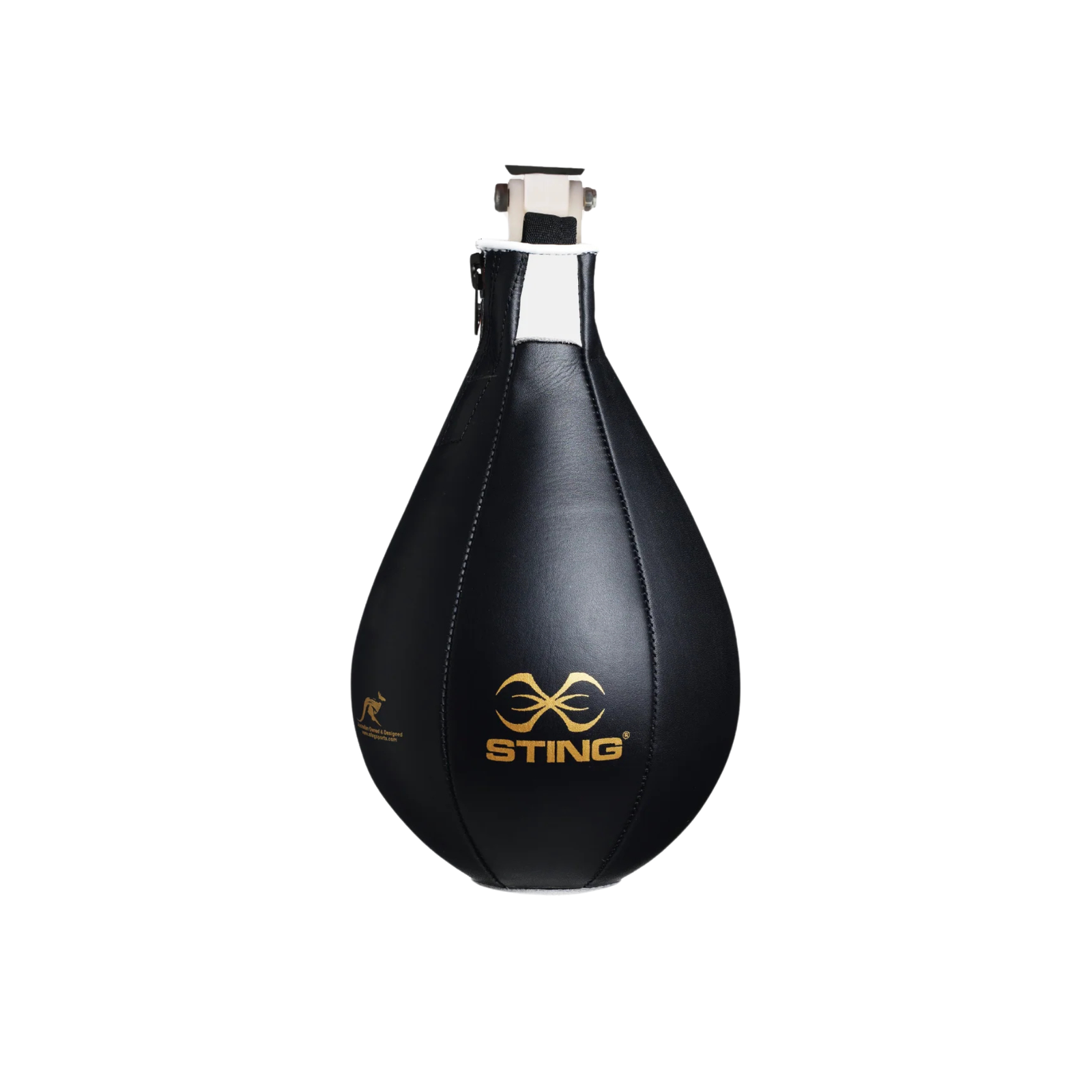 A black leather teardrop-style speed bag with gold STING branding on the front, shown against a plain white background.