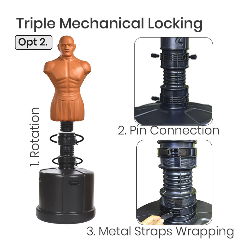 Triple locking system with rotation, pin, and metal straps