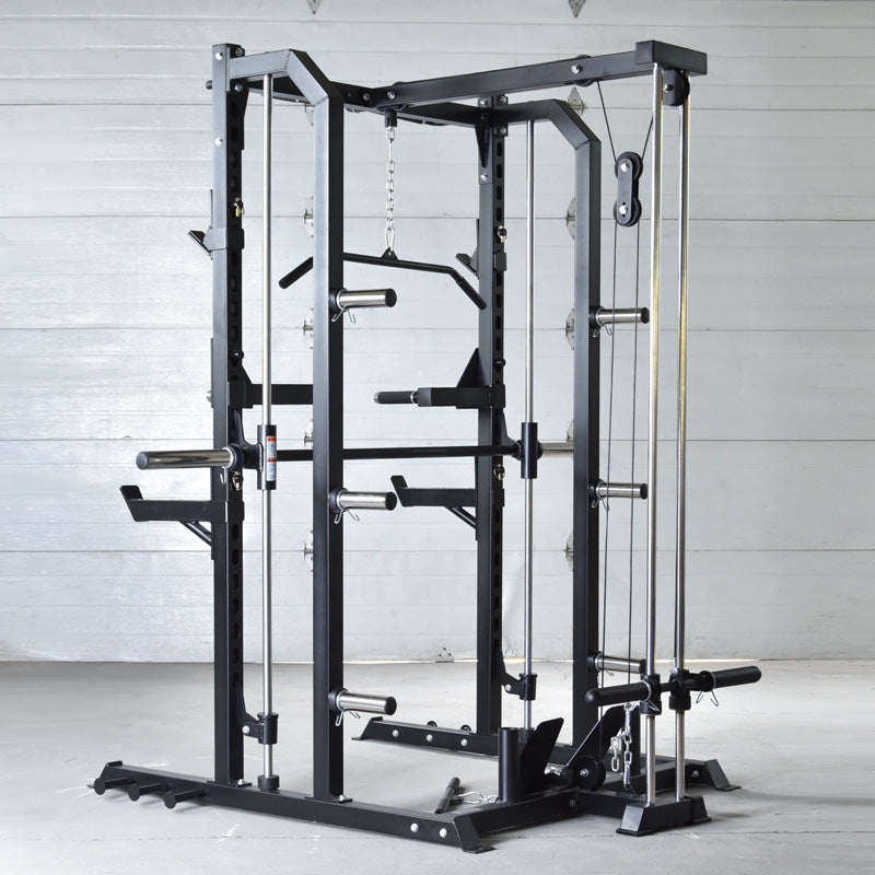 3-in-1 Functional Smith Machine with Spotter Arms and Plate Storag. Rear view