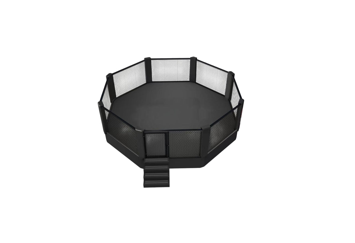 ONYX Elevated MMA Cage on raised platform with padded mesh panels and custom branding