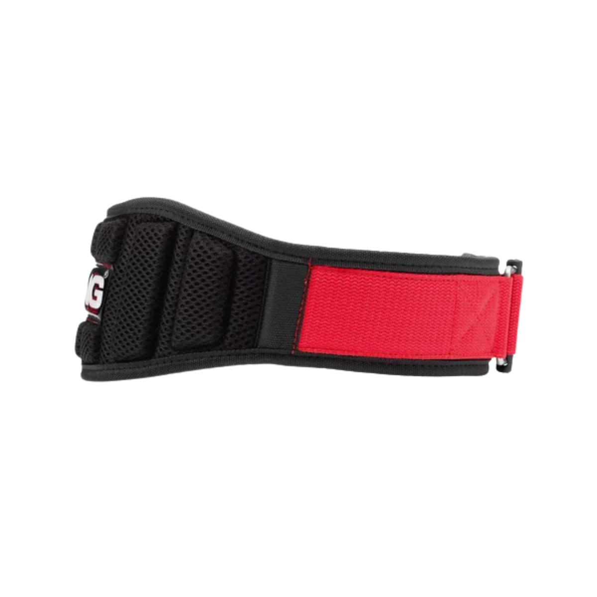 Black 4-inch neoprene lifting belt with stainless steel roller buckle and padded back support.