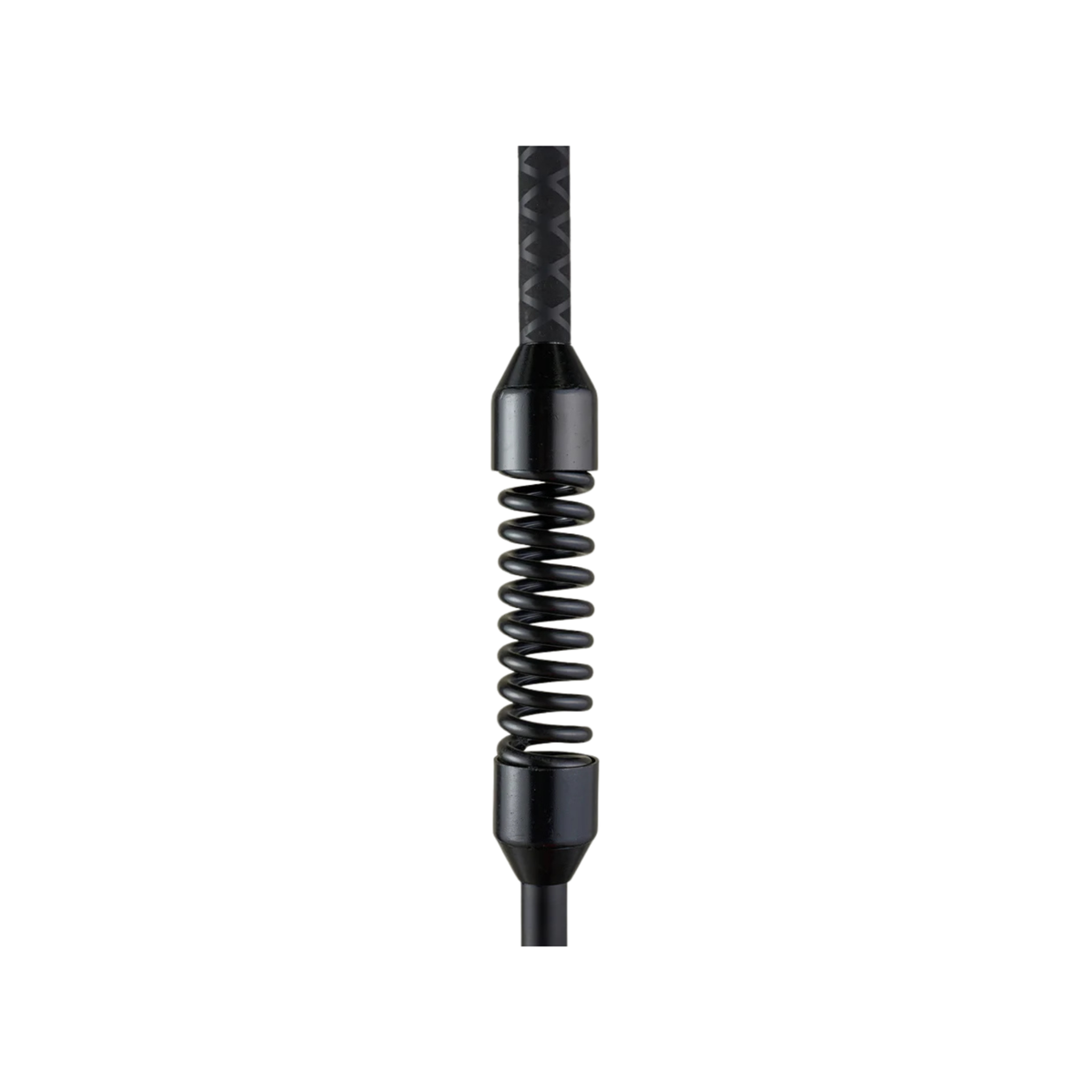 A close-up of a black tension cord lock with a metallic spring and textured top and bottom sections, isolated on a white background.