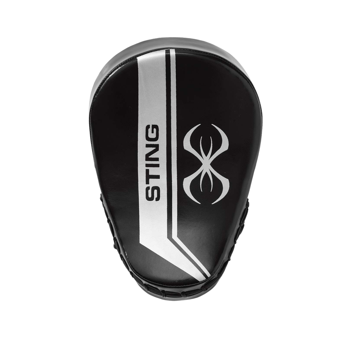 Black and silver focus mitts with curved striking surface and padded hand compartment.