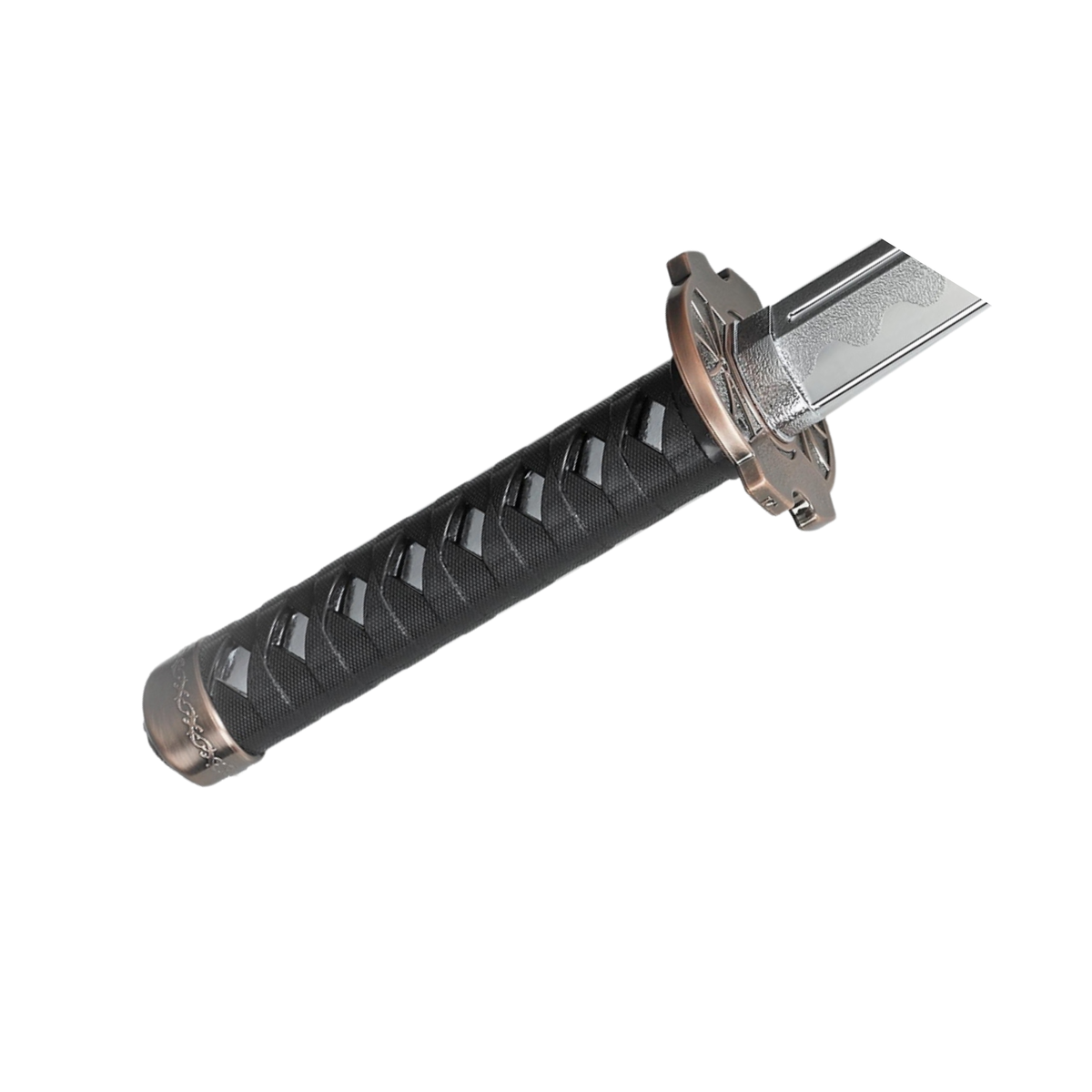 ABS wakizashi training sword with plated blade and black handle for martial arts forms and controlled sword drills.