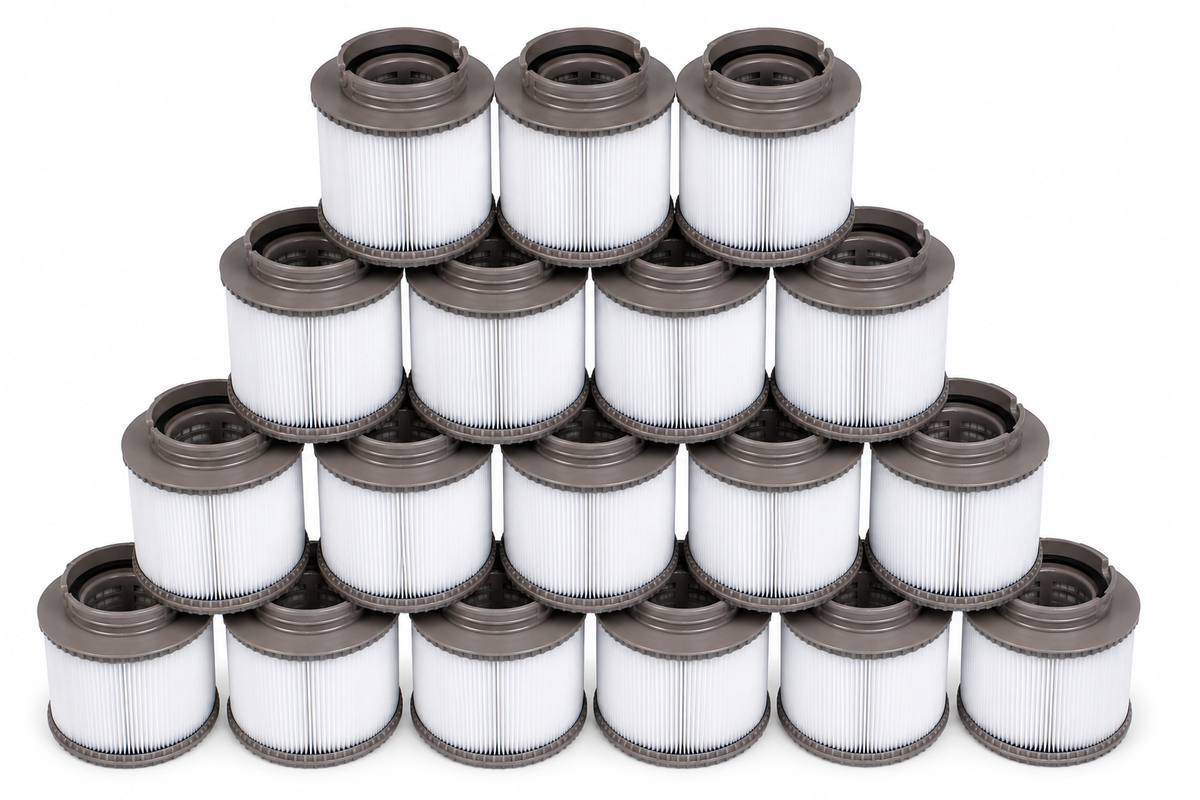 A stack of 16 vacuum replacement air filters arranged in a pyramid shape on a solid white background.
