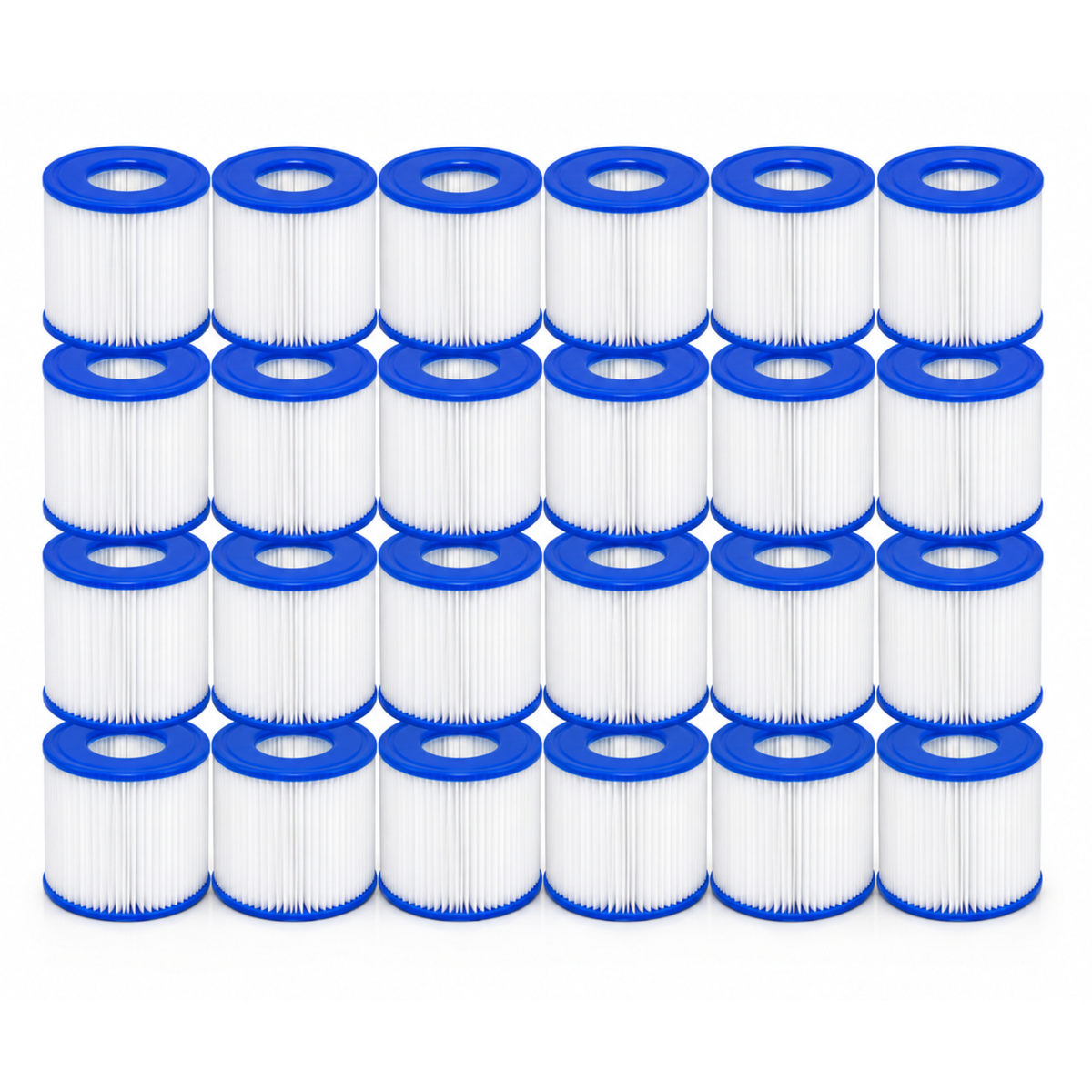 24 pack White pleated spa filter cartridge with blue end caps.